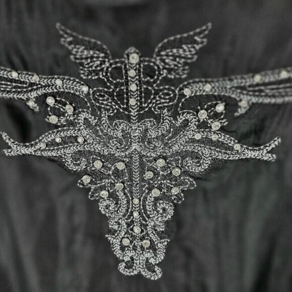 NEW Women's Buckle Black Long Sleeve Blouse Y2K Gem Stone Snaps Crystals Western - Picture 3 of 13